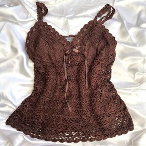 Crossroads Brown Crochet Metallic Lace Camisole Tank Top Ribbon Tie Small‎